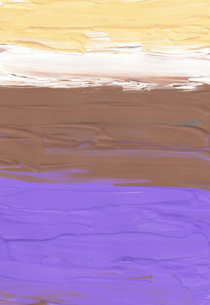 Vibrant layered abstract painting showcasing earth tones and purple hues.